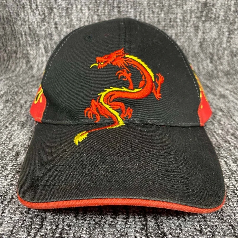 Dragon Flame Baseball Hat Mens OSFM‎ Black Red Embroidered Biker Y2K Streetwear